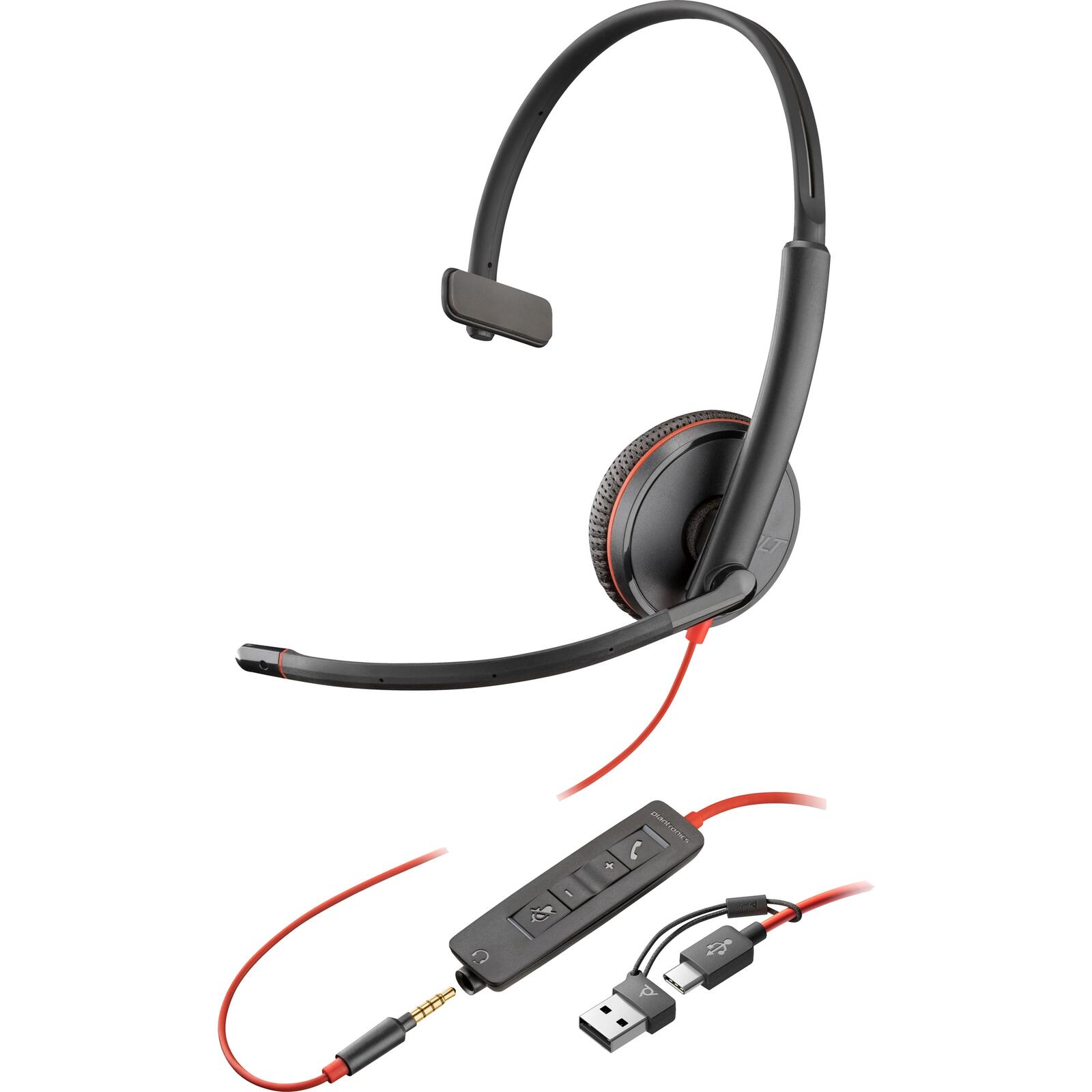 Casque monaural Poly Blackwire 3215 - USB-C, prise 3,5 mm Jack, adaptateur USB-C/A, On-Ear, filaire (unité)