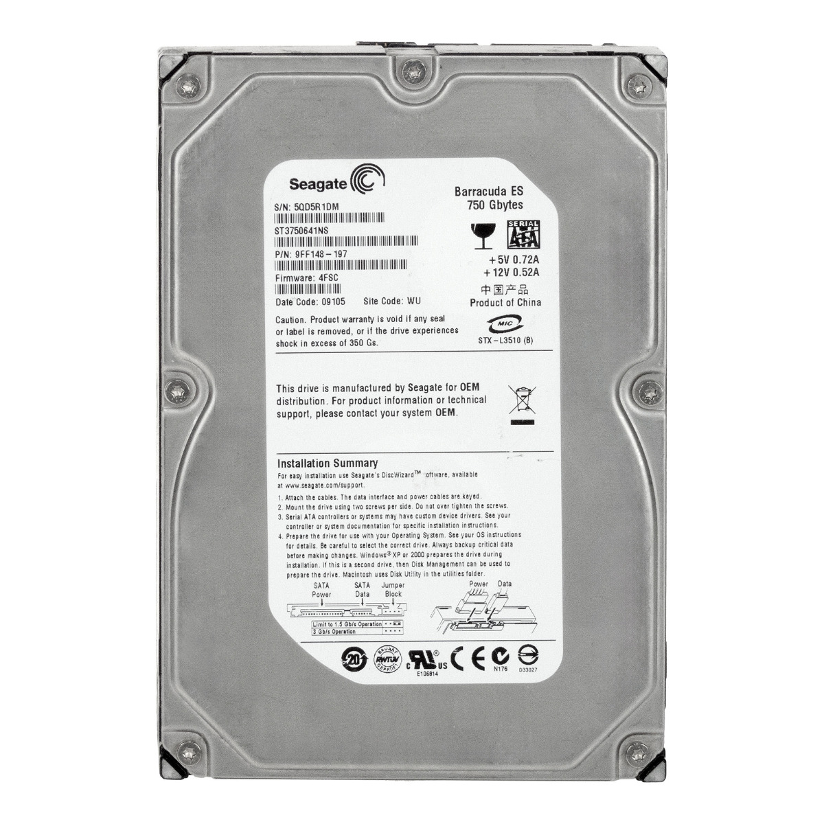 SEAGATE BARRACUDA ES 750 Go 7.2K 16 Mo SATA II 3.5'' ST3750641NS