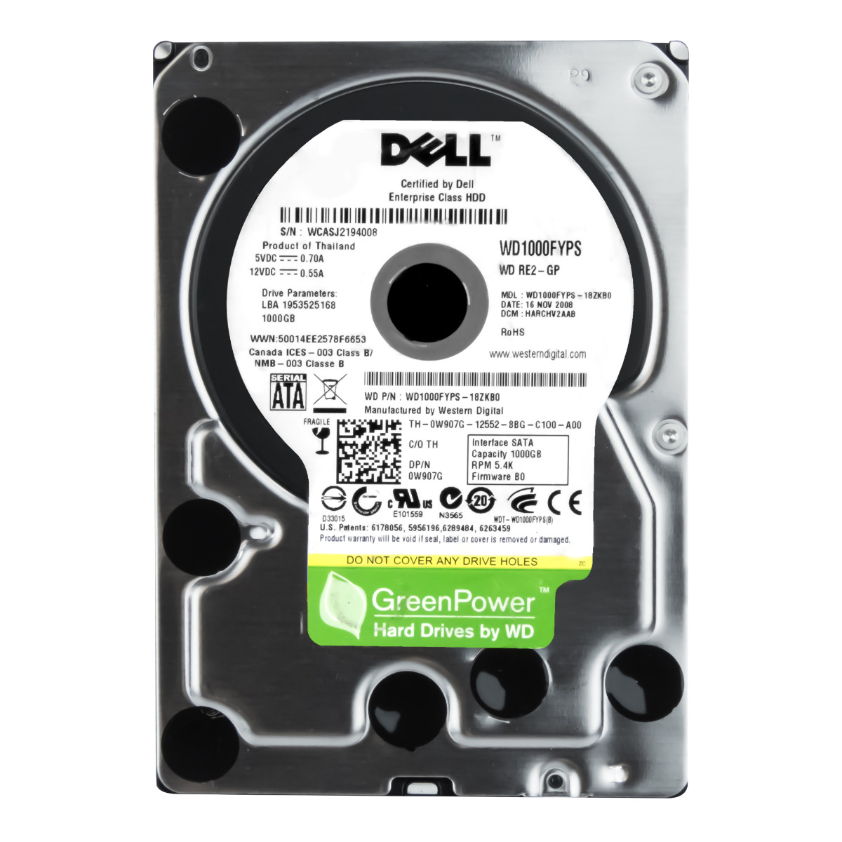Disque dur DELL 0W907G 1 To 5,4K 16 Mo SATA II 3,5" WD1000FYPS