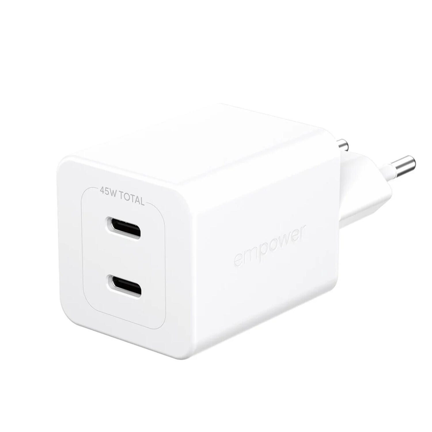 empower™ by PanzerGlass® Turbo Chargeur 45W avec 2 ports USB-C, prise EU, couleur argent blanc