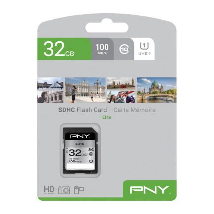 Carte mémoire SD PNY Elite 32 Go SDHC, UHS-I Class 1 (U1), Class10, Noir, Gris