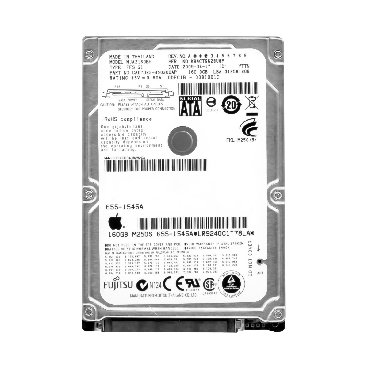 APPLE 655-1545A 160 Go 5,4K SATA II 2,5'' MJA2160BH