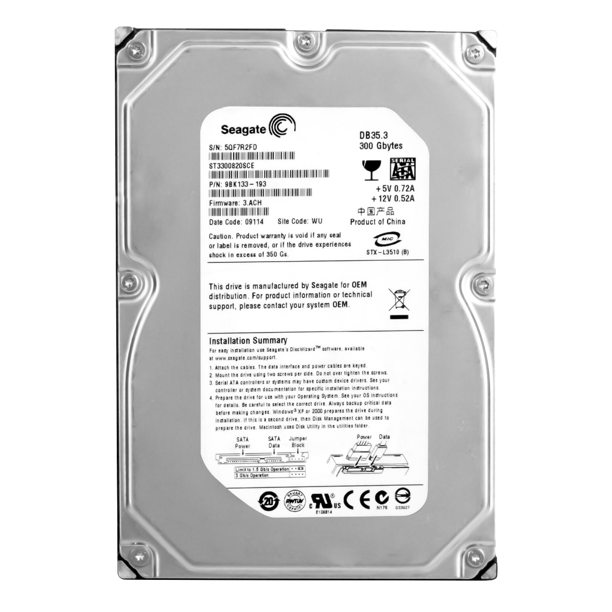 SEAGATE DB35.3 300 Go 7200 tr/min 8 Mo SATA II 3,5'' ST3300820SCE