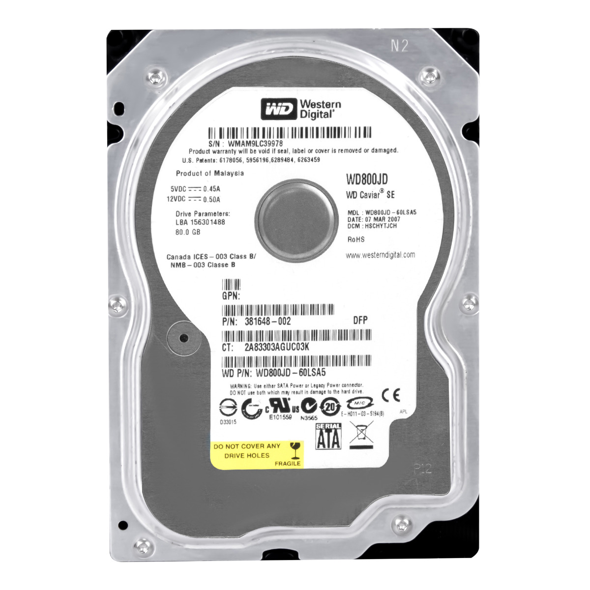 HP 381648-002 80 Go 7200 tr/min 8 Mo SATA II 3,5'' WD800JD
