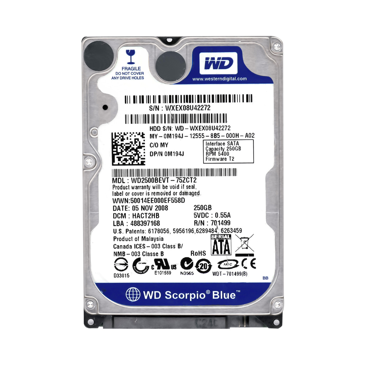 DELL 0M194J 250 Go 5,4K 8 Mo SATA II 2,5'' WD2500BEVT