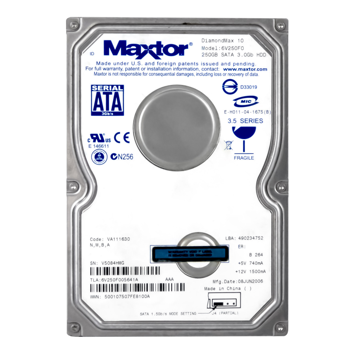 MAXTOR DiamondMax 10 250 Go 7 200 tr/min 16 Mo SATA II 3,5'' 6V250F0