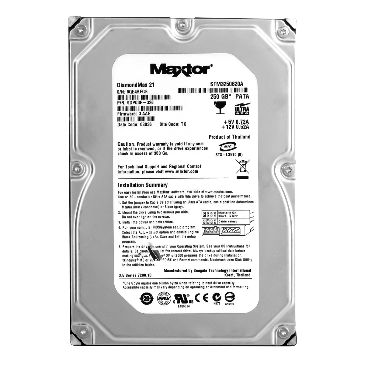 MAXTOR DiamondMax 21 250 Go 7 200 tr/min 8 Mo ATA 3,5'' STM3250820A