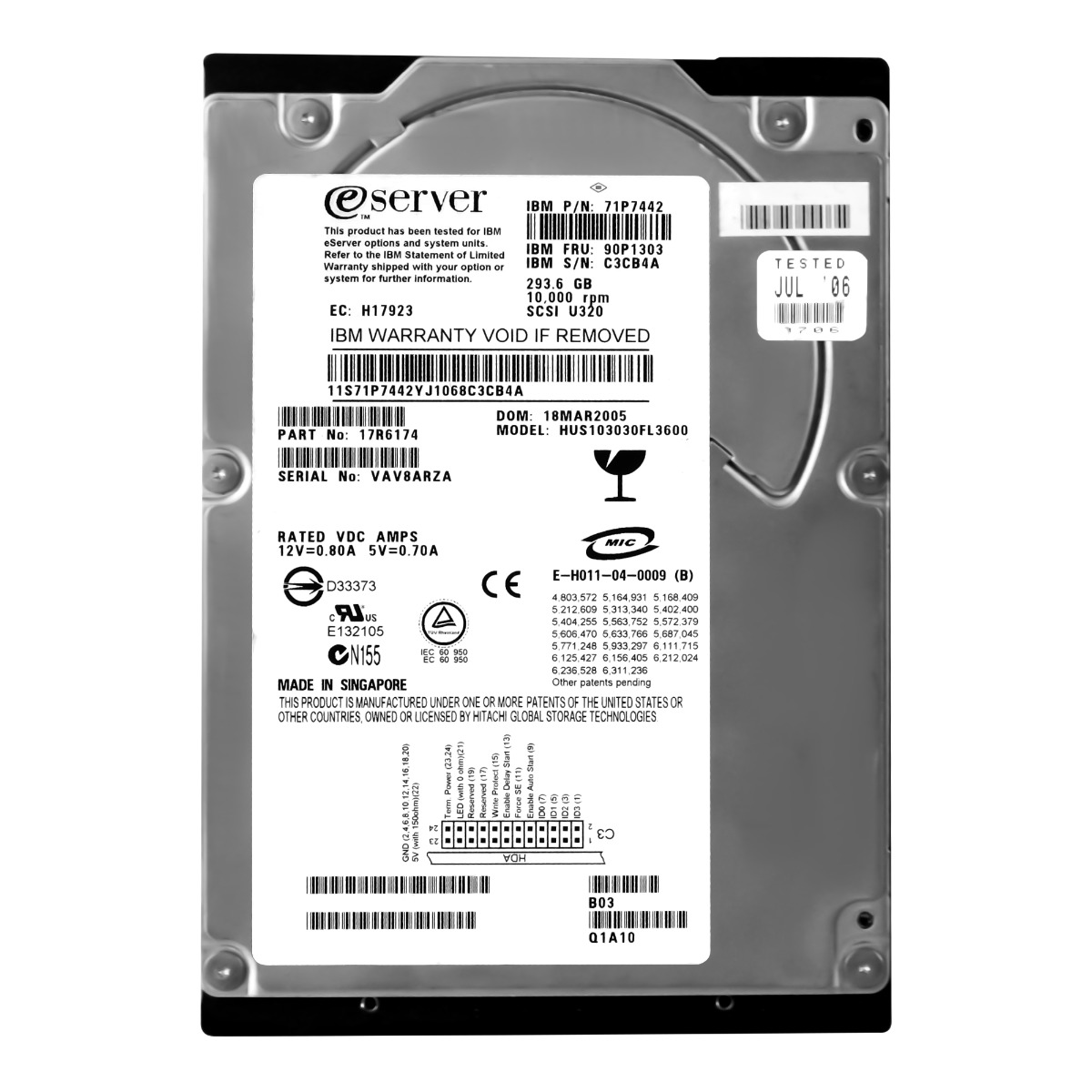 IBM 90P1303 71P7442 293,6 Go 10K 8 Mo SCSI U320 3,5'' HUS103030FL360