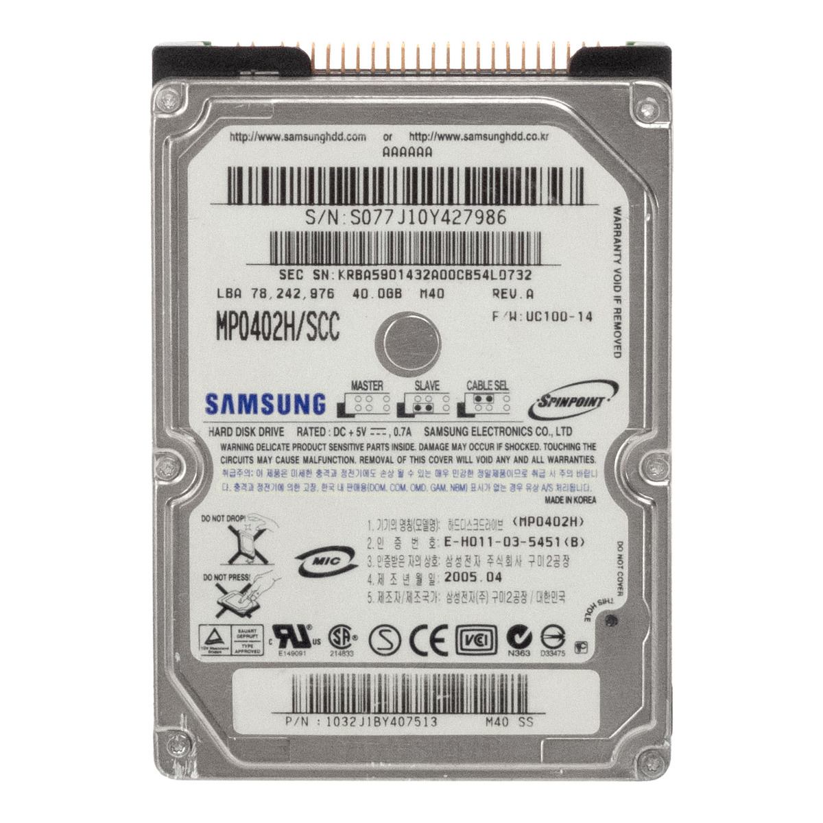 SAMSUNG SpinPoint M40 40 Go 5 400 tr/min 8 Mo ATA 2,5'' MP0402H/SCC