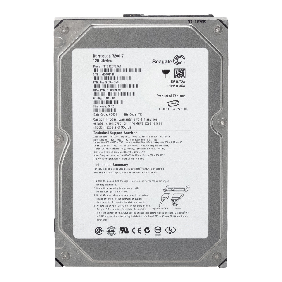 SEAGATE BARRACUDA 120 Go 7 200 tr/min 8 Mo SATA 3,5'' ST3120827AS