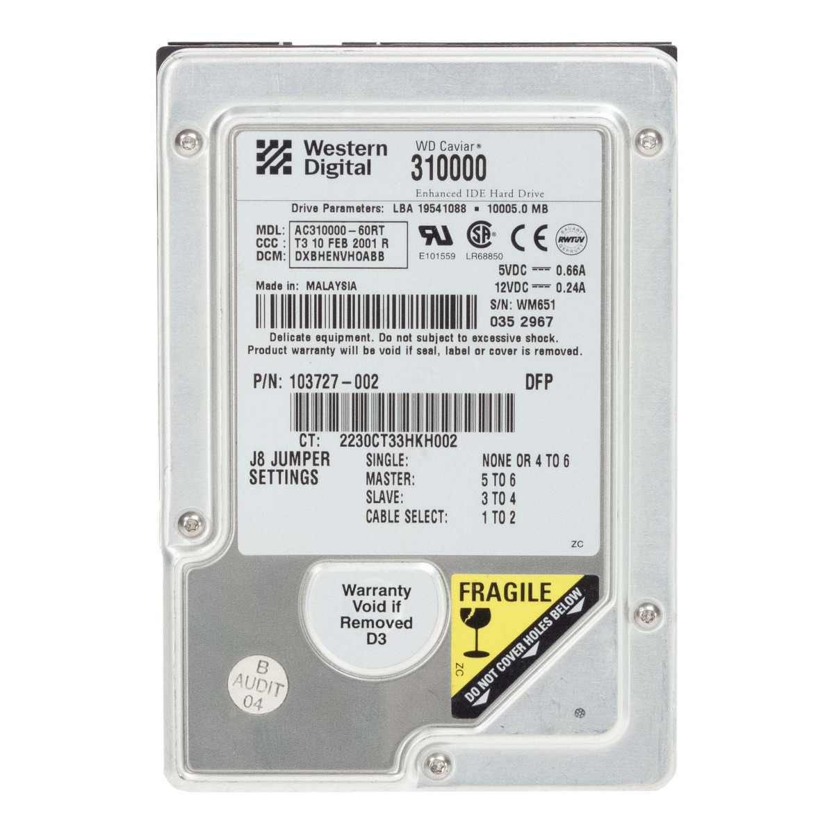 WD CAVIAR AC310000-60RT 10 Go 5,4K tr/min Cache 512 Ko 103727-002