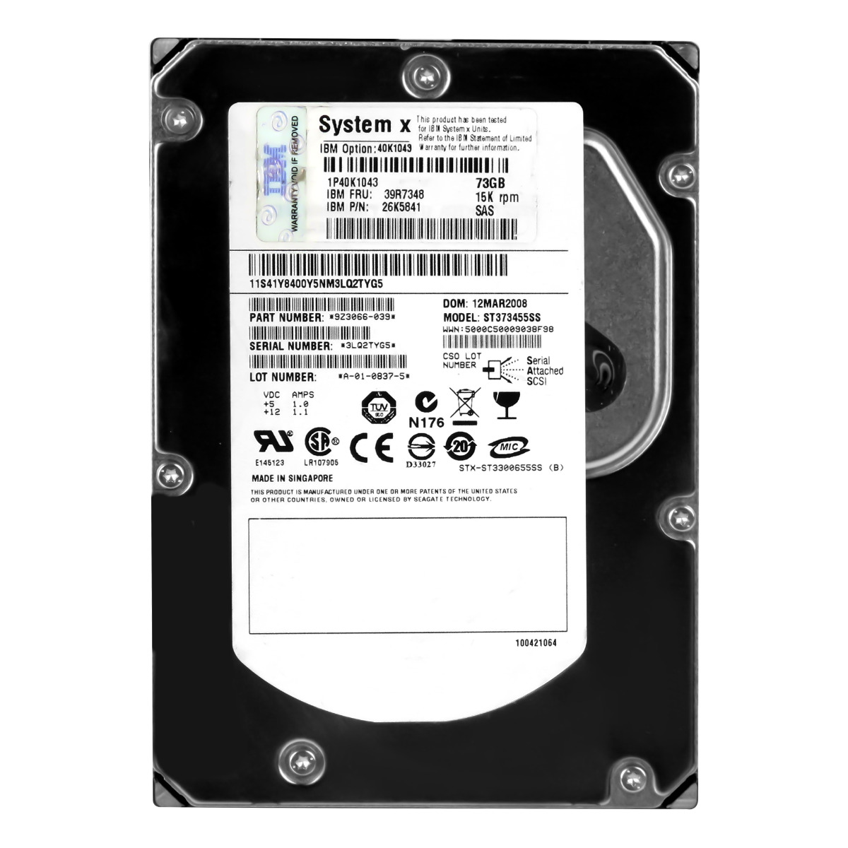 IBM 39R7348 26K5841 73 Go 15K 16 Mo SAS 3.5'' ST373455SS