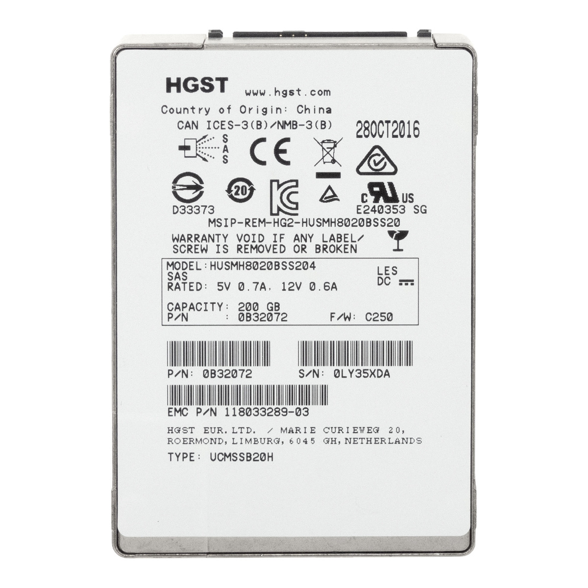 EMC 118033289-03 200GB MLC SAS-3 2.5'' HUSMH8020BSS204