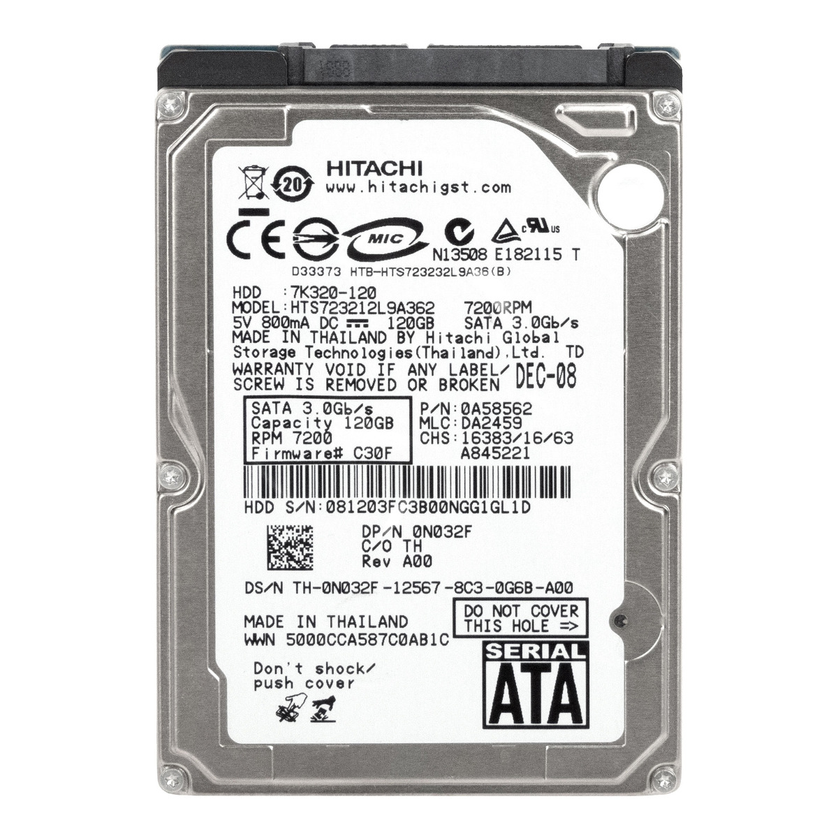 DELL 0N032F 120 Go 7 200 tr/min 16 Mo SATA II 2,5'' HTS723212L9A362