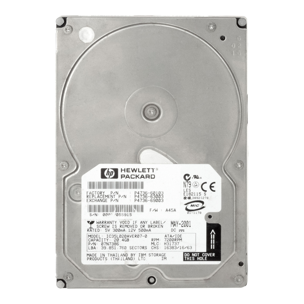 HP P4736-60103 / P4736-63003 20.4 Go 7.2K 2 Mo ATA 3.5'' IC35L020AVER07-0