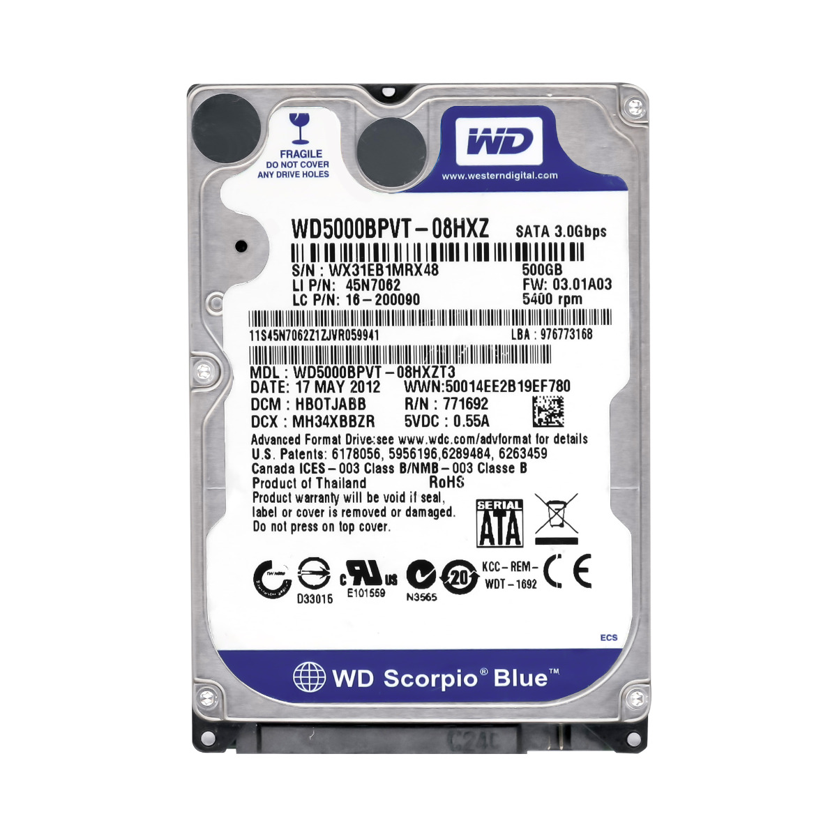 WD SCORPIO BLUE WD5000BPVT-08HXZ 500 Go 5,4K 8 Mo SATA II 2,5''