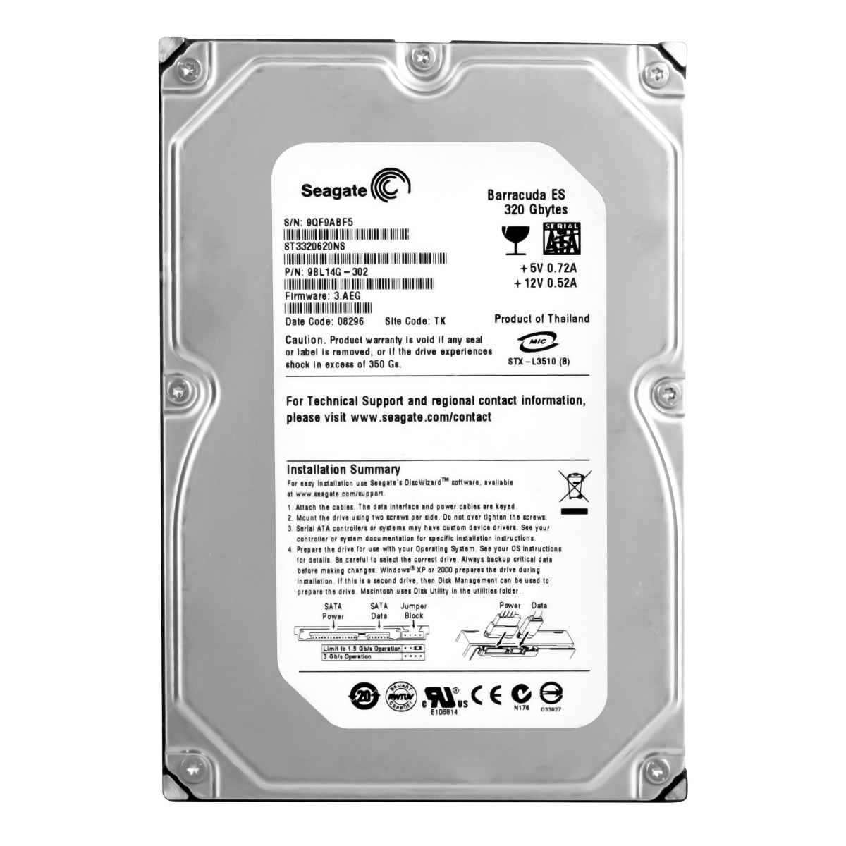 SEAGATE BARRACUDA ES 320 Go 7 200 tr/min 16 Mo SATA II 3,5'' ST3320620NS