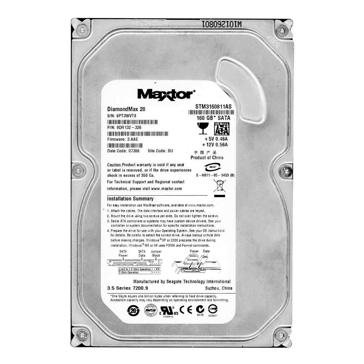 MAXTOR DiamondMax 20 160 Go 7,2K 8 Mo SATA II 3,5'' STM3160811AS