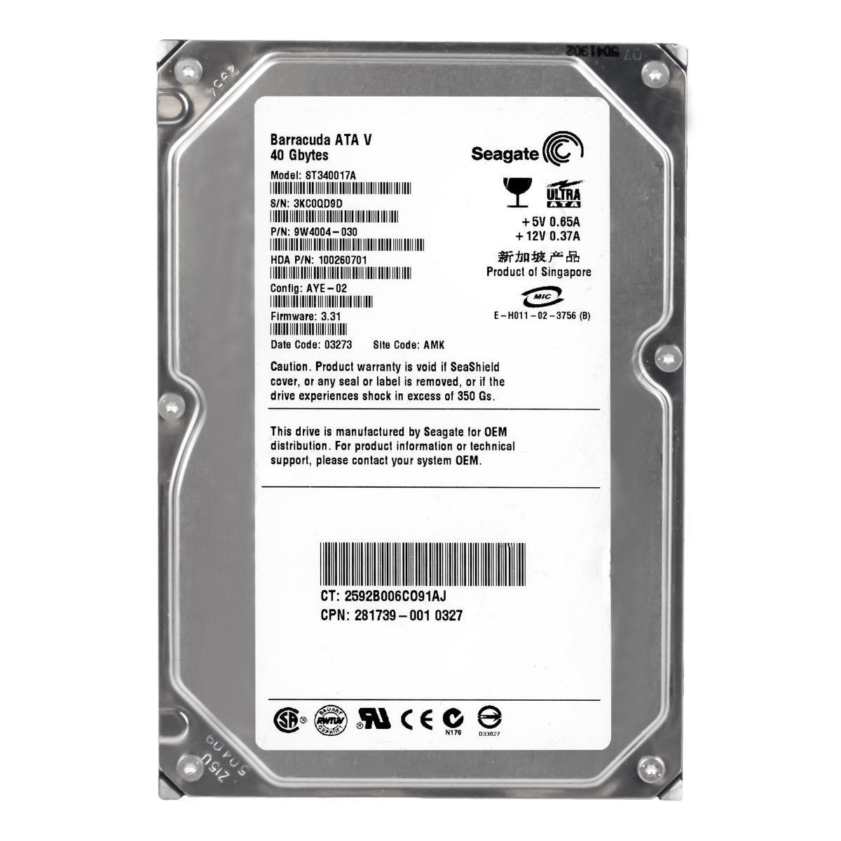 SEAGATE BARRACUDA ATA V 40 Go 7 200 tr/min 2 Mo ATA 3,5'' ST340017A