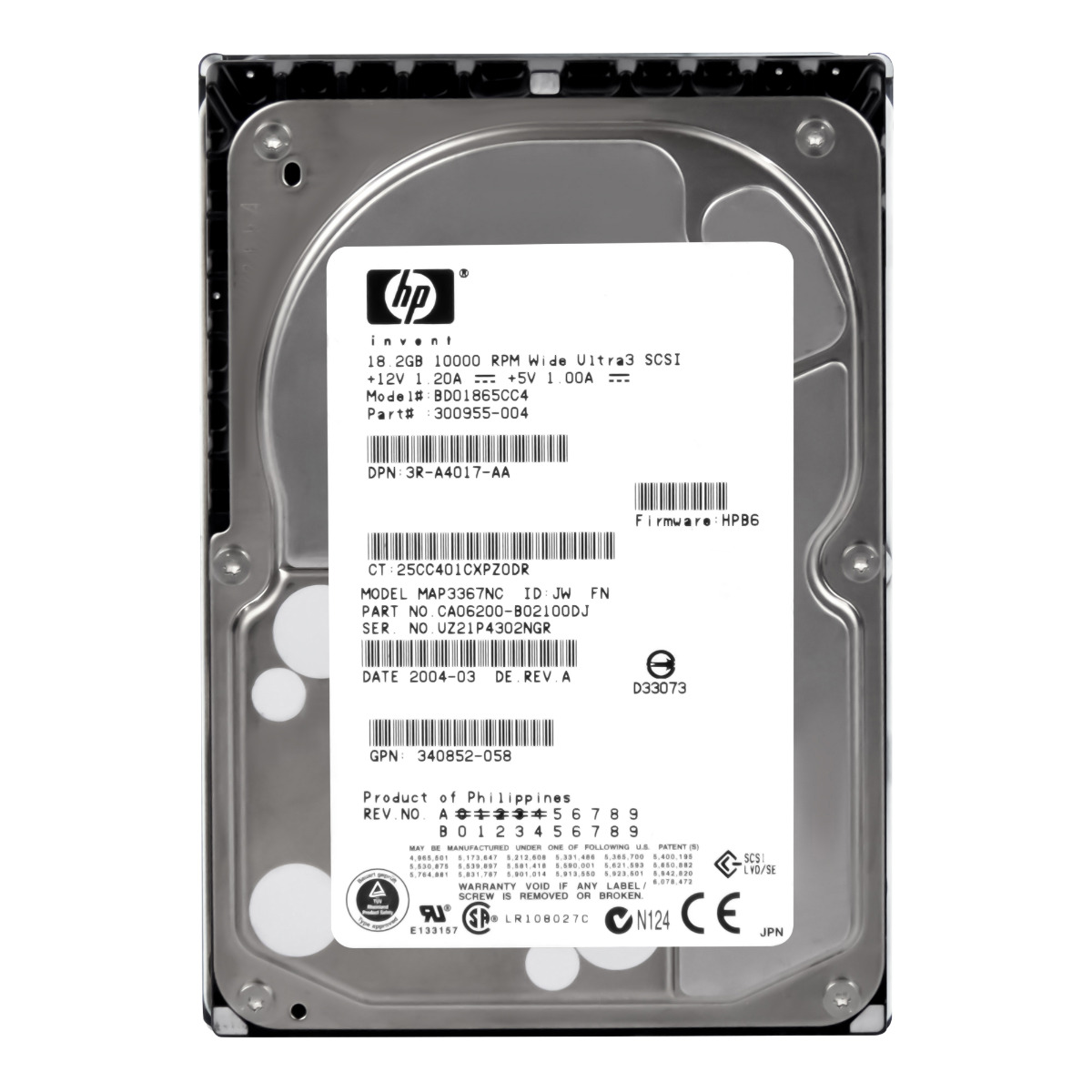 HP 300955-004 18,2 Go 10K 8 Mo ULTRA3 SCSI 3,5'' BD01865CC4