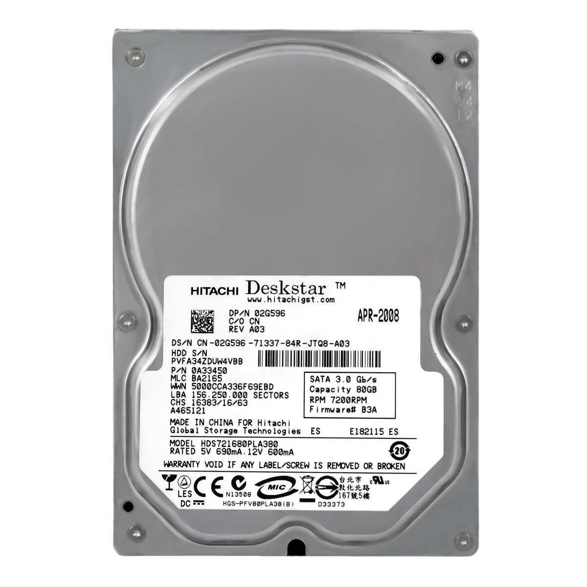 DELL 02G596 80 Go 7.2K 8 Mo SATA II 3,5'' HDS721680PLA380