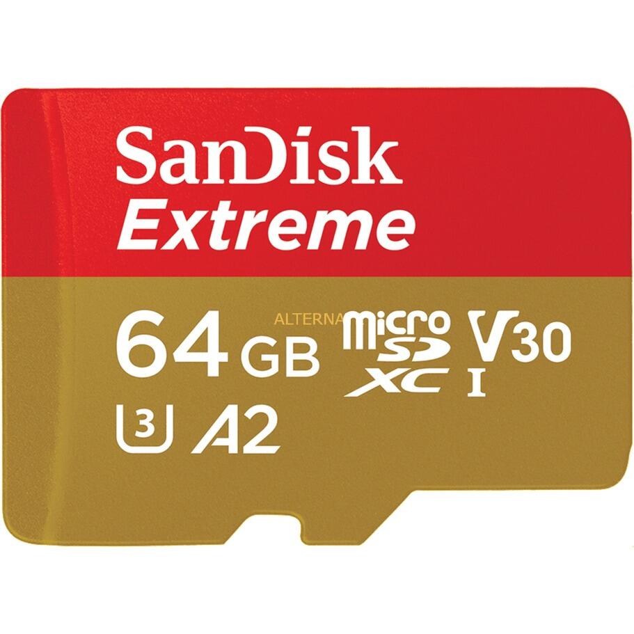 Carte mémoire microSDXC SanDisk Extreme 64 Go + adaptateur SD 170 Mo/s, A2, C10, V30, UHS-I, U3