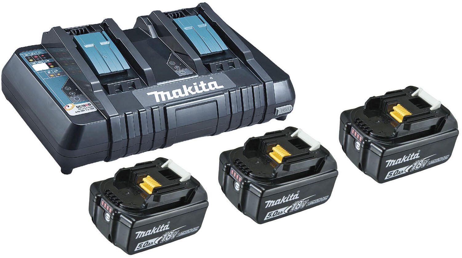 Kit d'alimentation Makita 3x accus BL1850B 18V 5,0 Ah avec chargeur double rapide DC18RD