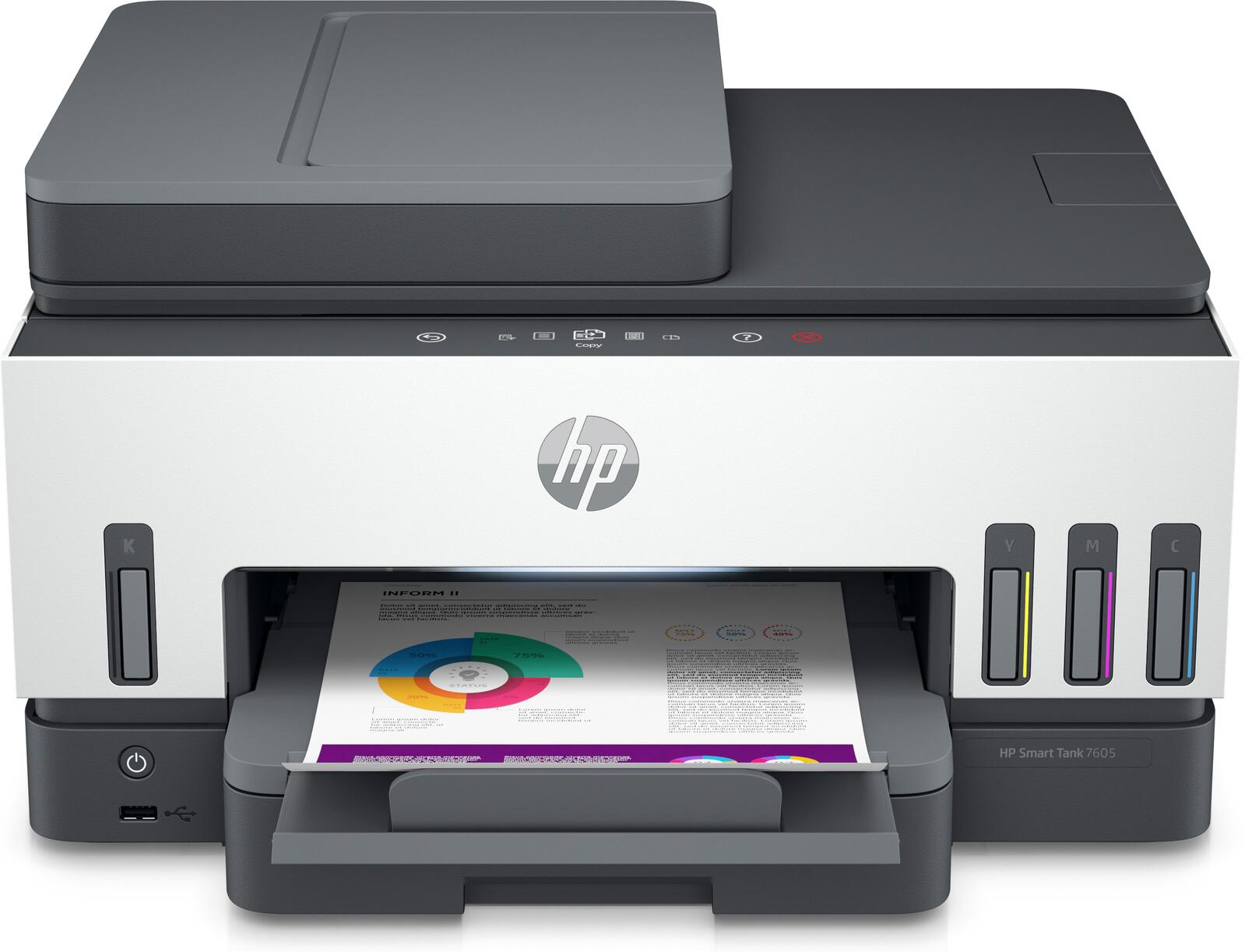 HP Smart Tank 7605 Tout-en-un à réservoirs d'encre A4, 4 en 1, imprimante, scanner, copieur, fax, USB, WLAN, grande autonomie, impression économique
