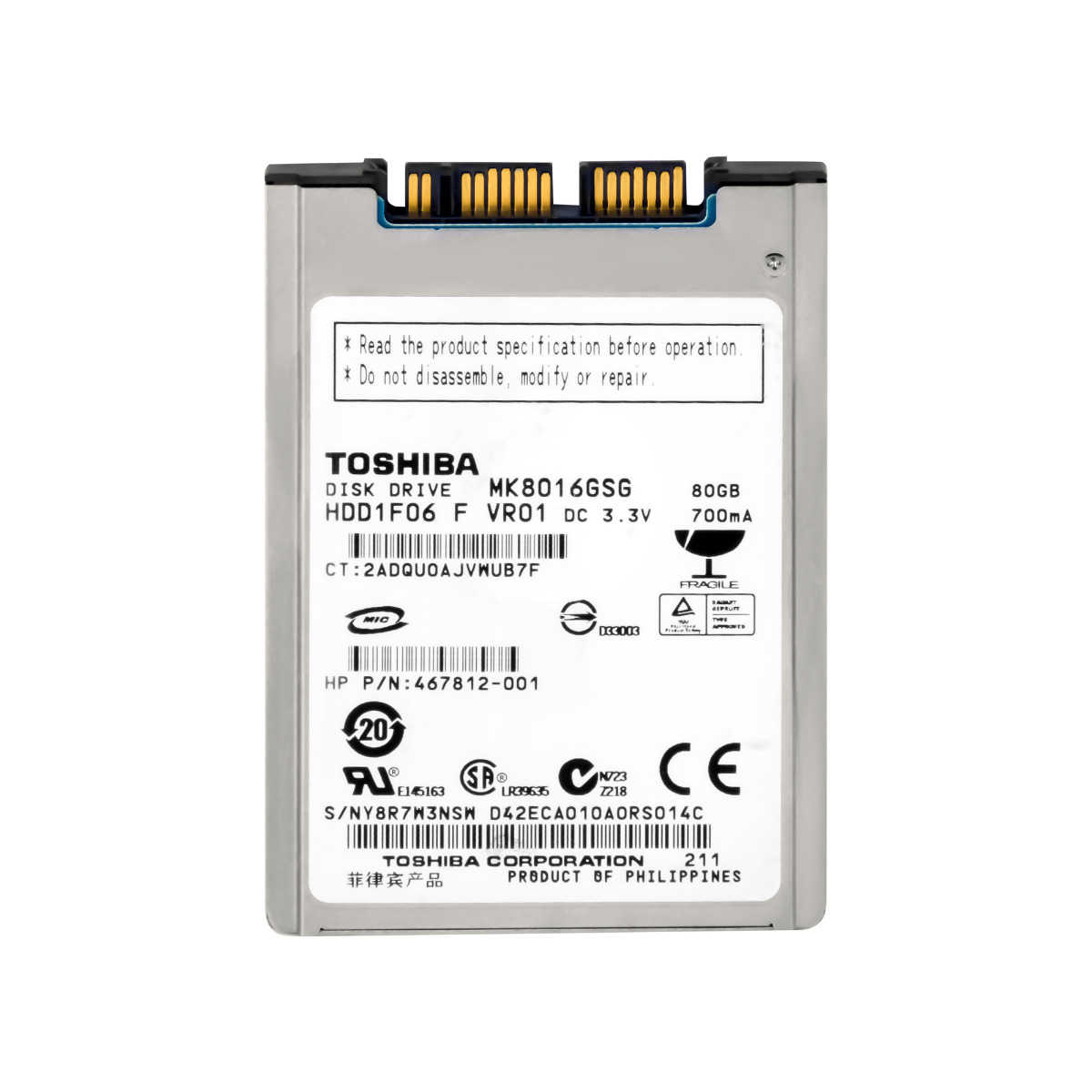 TOSHIBA 80 Go 5400 tr/min 8 Mo microSATA 1,8'' MK8016GSG