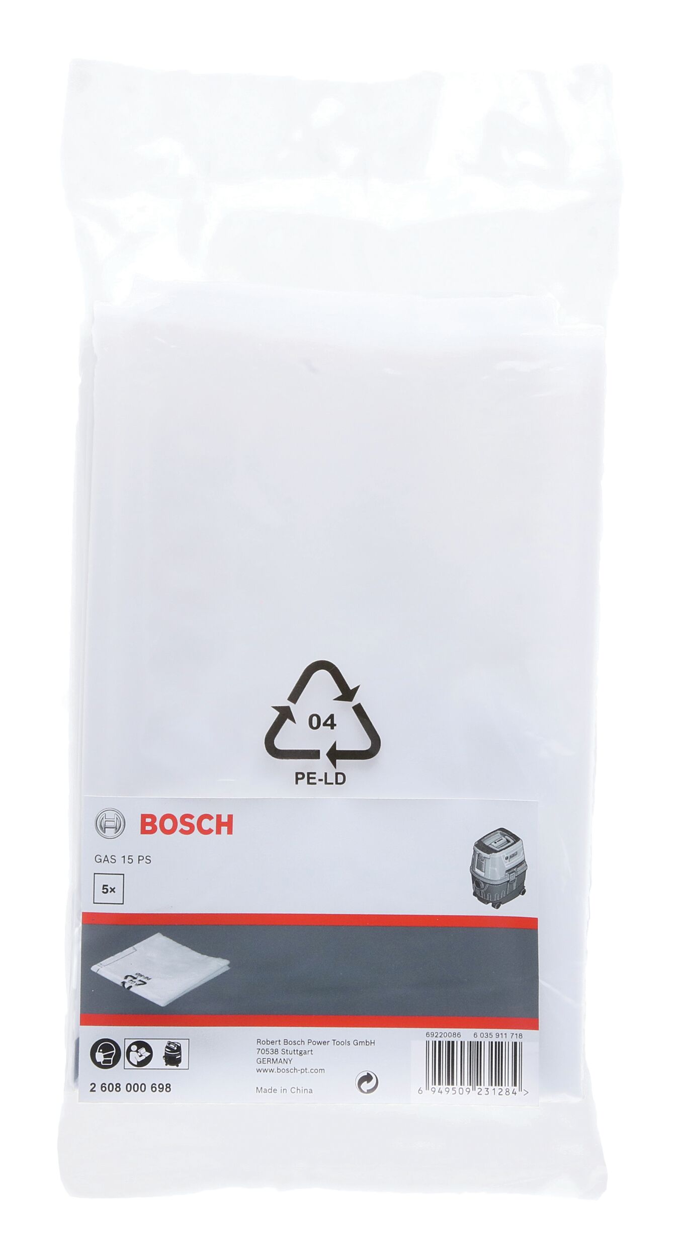 Sac d'aspiration Bosch, 5 l, plastique (5 pièces) pour GAS 15 PS 2608000698 — lot de 5 pièces