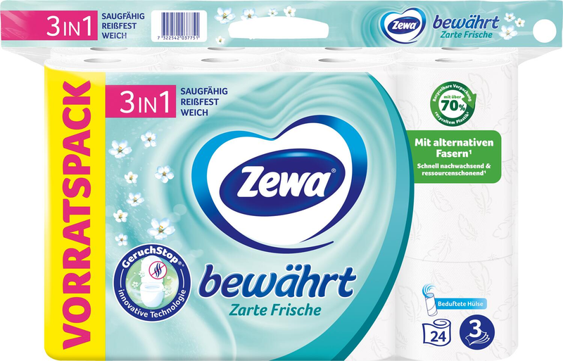 Papier toilette Zewa avec technologie Geruchstop® 3 couches - 1 pack = 24 rouleaux