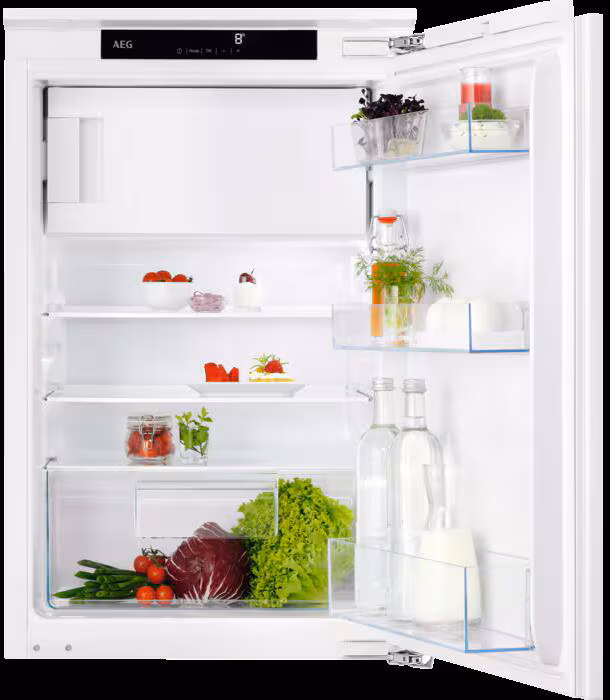 AEG OSF5O88EF Réfrigérateur encastrable avec compartiment congélateur, hauteur d'encastrement 88 cm, 118 L, porte pleine, OptiSpace, commande tactile, éclairage LED, blanc