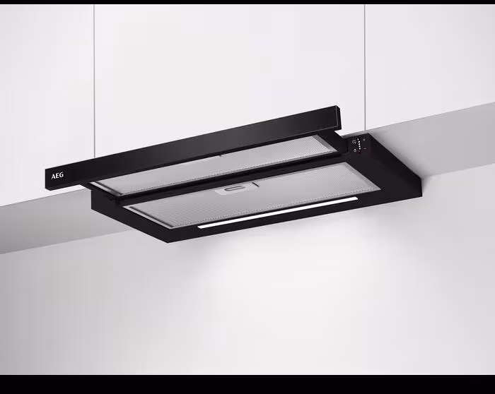 AEG DPE5661B Hotte plate 60 cm, évacuation et recyclage, touches sensitives, 3 vitesses + 1 intensif, avec barre de préhension, noir