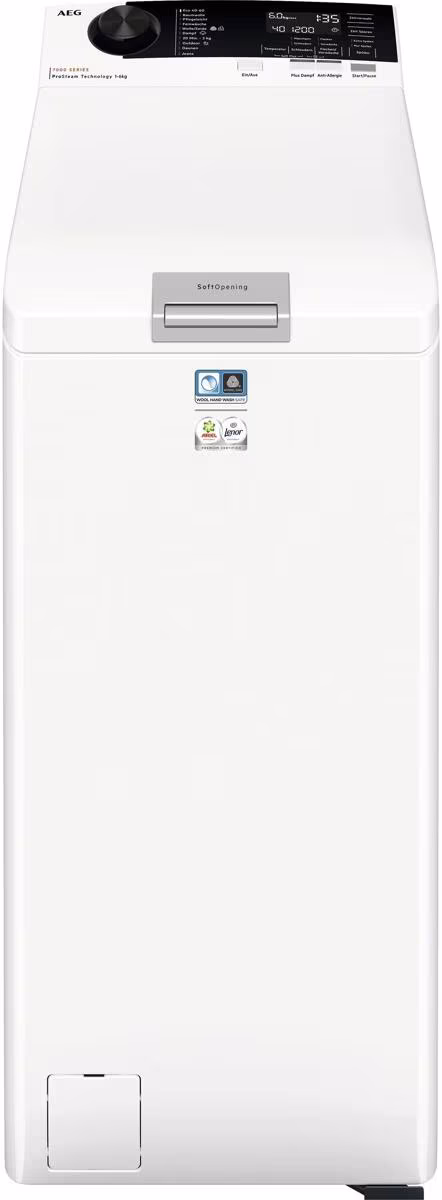 Lave-linge AEG LTR7E70268 7000 ProSteam 6 kg Top, 40 cm de large, 1200 tr/min, ProSteam, ProSense, SoftOpening-System, fonction de rattrapage, blanc (réf. 913143790)