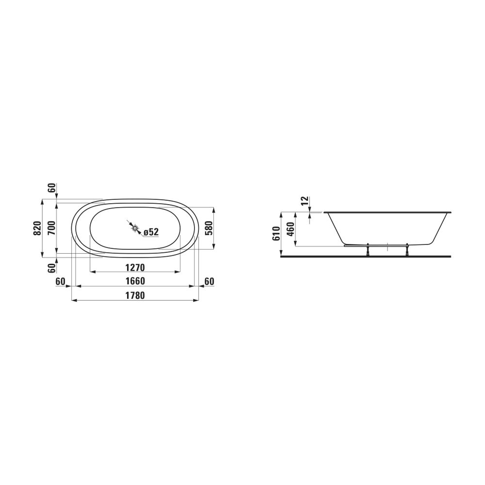 Baignoire à remous Laufen Il Bagno Alessi ovale 820x1780x460 mm, avec système de massage, éclairage sous-marin et évacuation centrale, Sentec, blanc