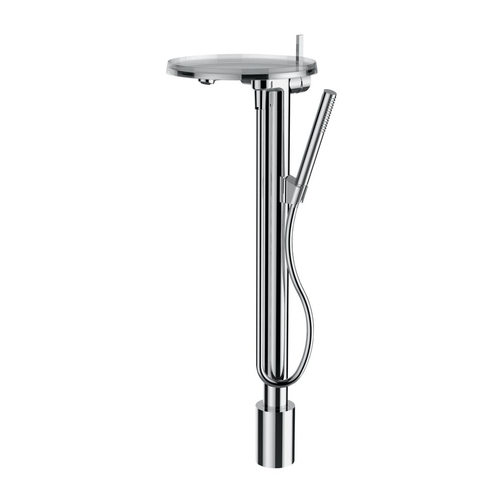 Mitigeur monocommande sur colonne LAUFEN Kartell, avec plateau de rangement disc, flexible 1250 mm et pommeau de douche, chromé/transparent