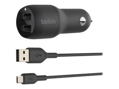Adaptateur de charge Belkin BoostCharge 24 W 2x USB-A allume-cigare, noir (inclut câble USB-A vers USB-C 1 m)