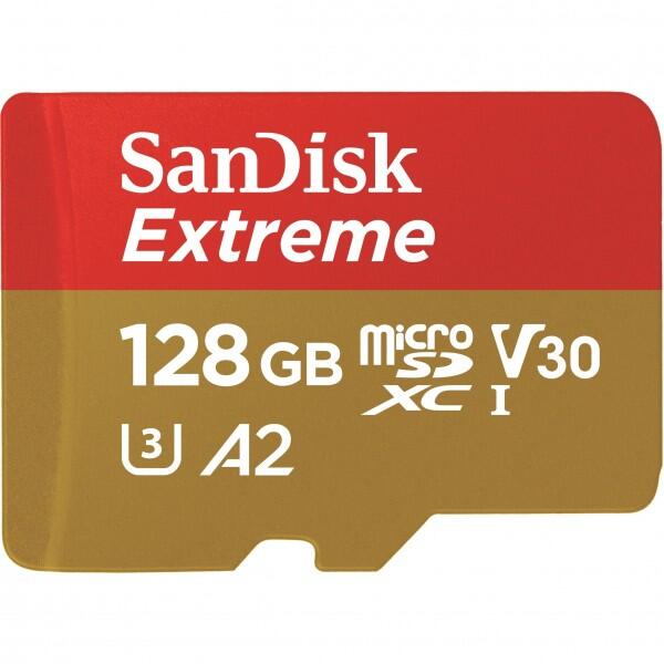 Carte mémoire SanDisk Extreme microSDXC 128 Go + adaptateur SD 190 Mo/s, A2, C10, V30, UHS-I, U3