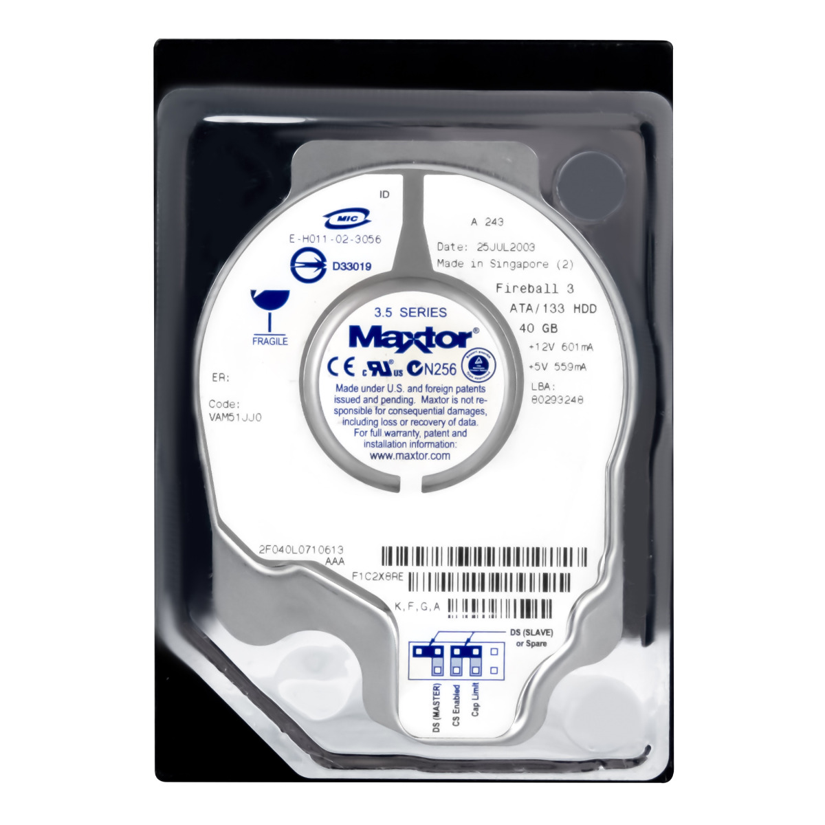 MAXTOR FIREBALL 3 40 Go 5,4K 2 Mo ATA 3,5'' 2F040L0