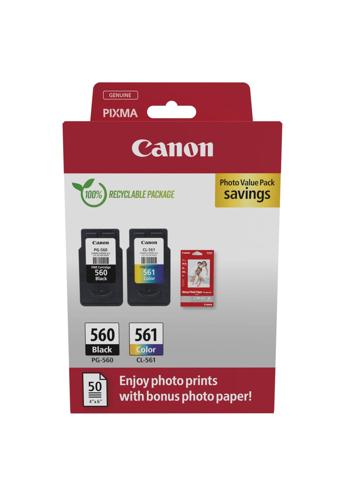 Canon Cartouches d'encre PG-560 + CL-561 Valuepack - 1 x noir / 1 x couleur + 50 feuilles de papier photo (3713C008)