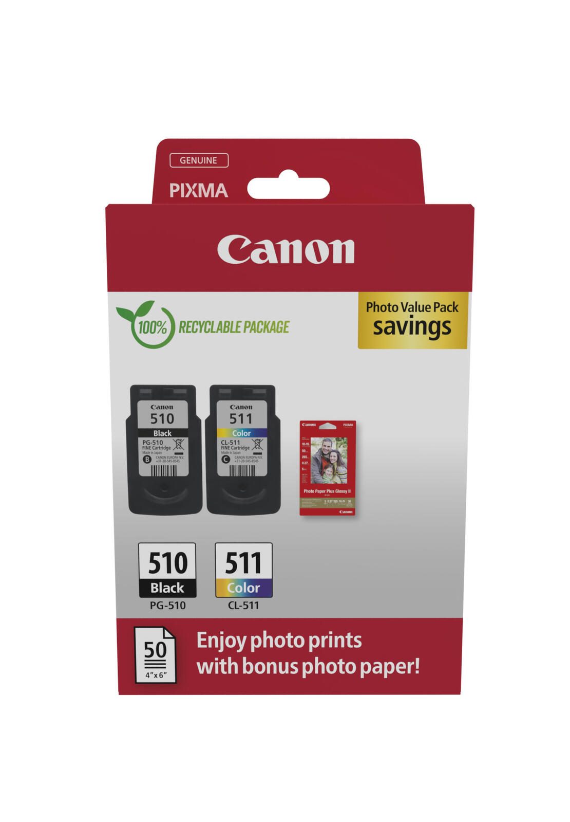 Canon Cartouches d'origine PG-510 + CL-511 Valuepack - 1 x noir / 1 x couleur + 50 feuilles Papier photo (2970B017)