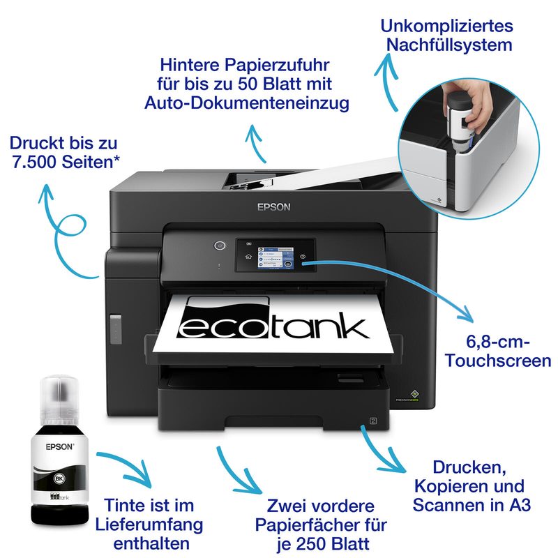 Epson EcoTank ET-M16600 Imprimante multifonction à réservoirs d'encre A3, 3-en-1, imprimante, scanner, photocopieur, système à réservoirs d'encre
