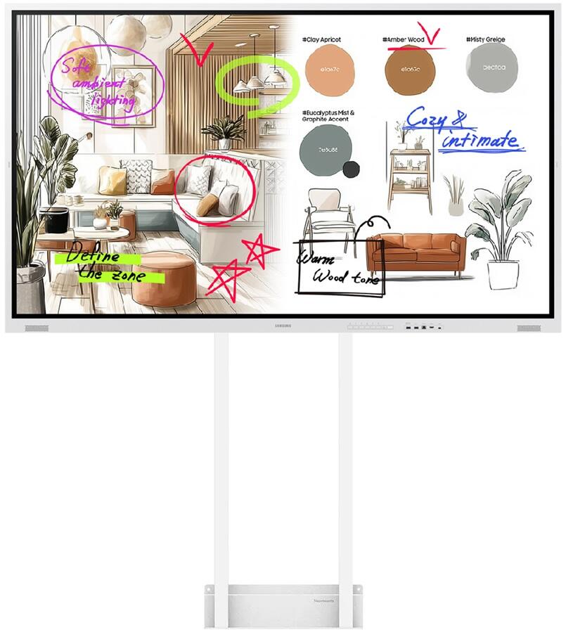 Samsung Flip WM75FX Flipchart 75" (189 cm) incl. Neomounts WL55-875WH1 MOVE Lift support mural motorisé au sol 4K UHD, tactile IR, 12/7, HDMI In/Out, USB-A, USB-C, WiFi, Bluetooth, AirPlay, Tizen 9.0