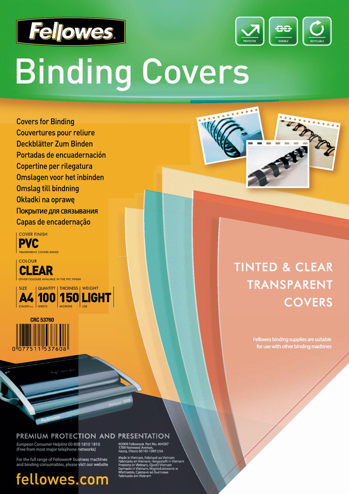 Fellowes Feuille de couverture 5376001 DIN A4 150µ transparent 100 pièces/paquet — lot de 100 pièces