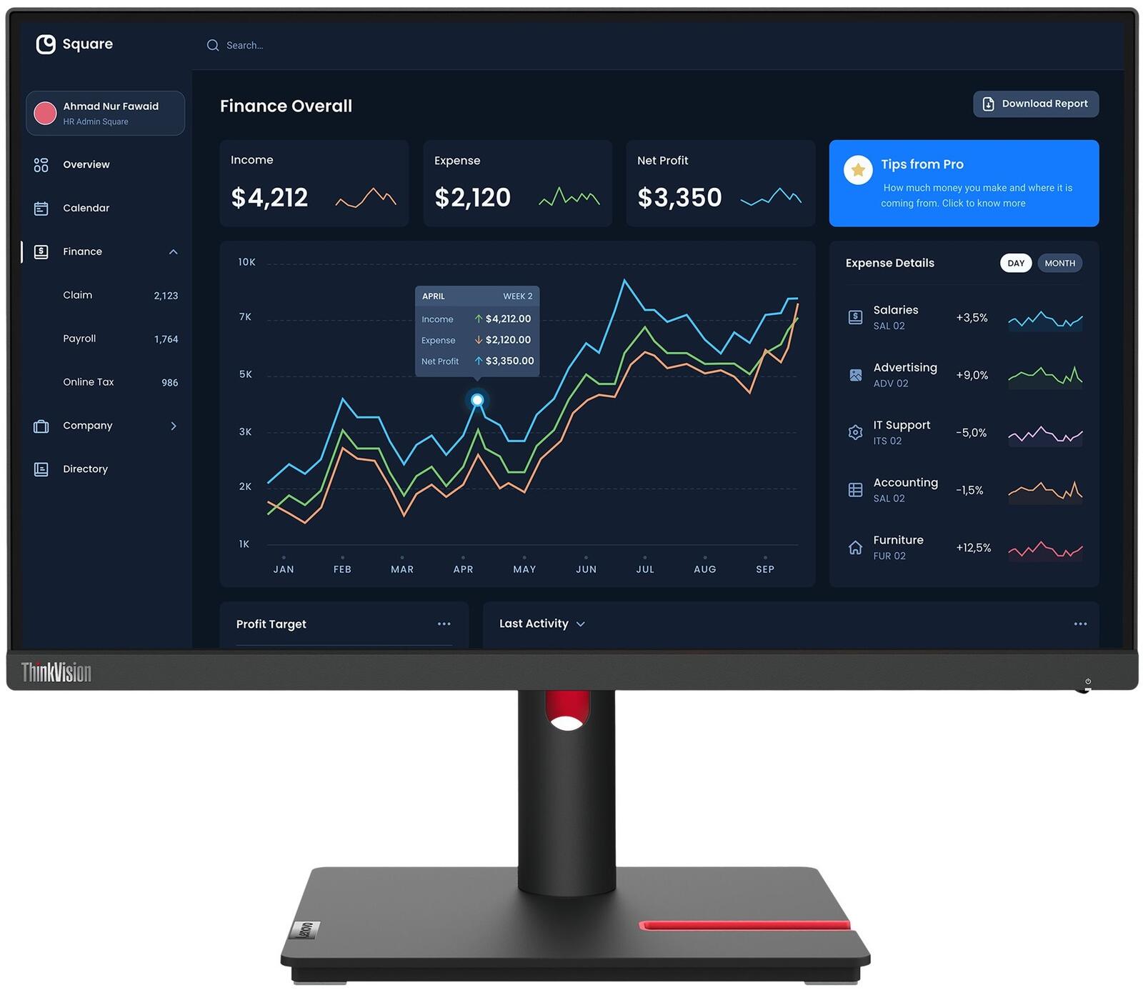 Lenovo ThinkVision T22i-30 Écran 54,6 cm (21,5 pouces) Full HD, IPS, 4 ms, HDMI, DisplayPort, VGA, pivotant, hub USB