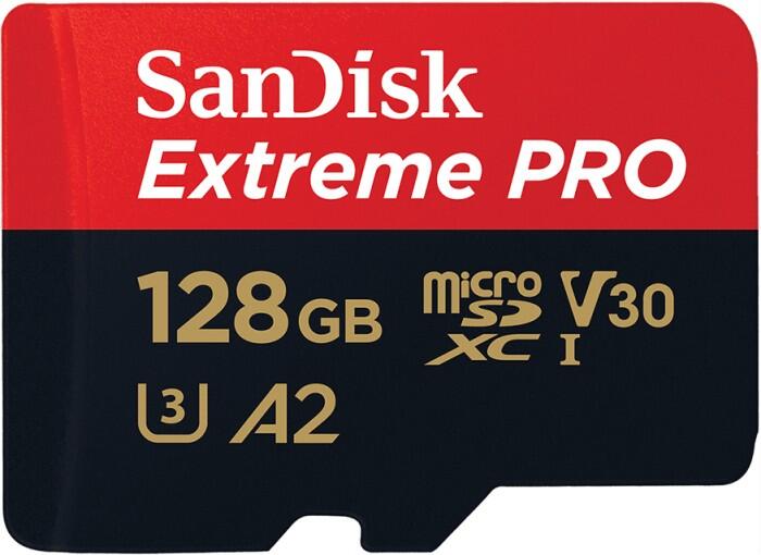 Carte microSDXC SanDisk Extreme PRO 128 Go avec adaptateur SD UHS-I U3, A2, Class 10, Video Speed Class 30