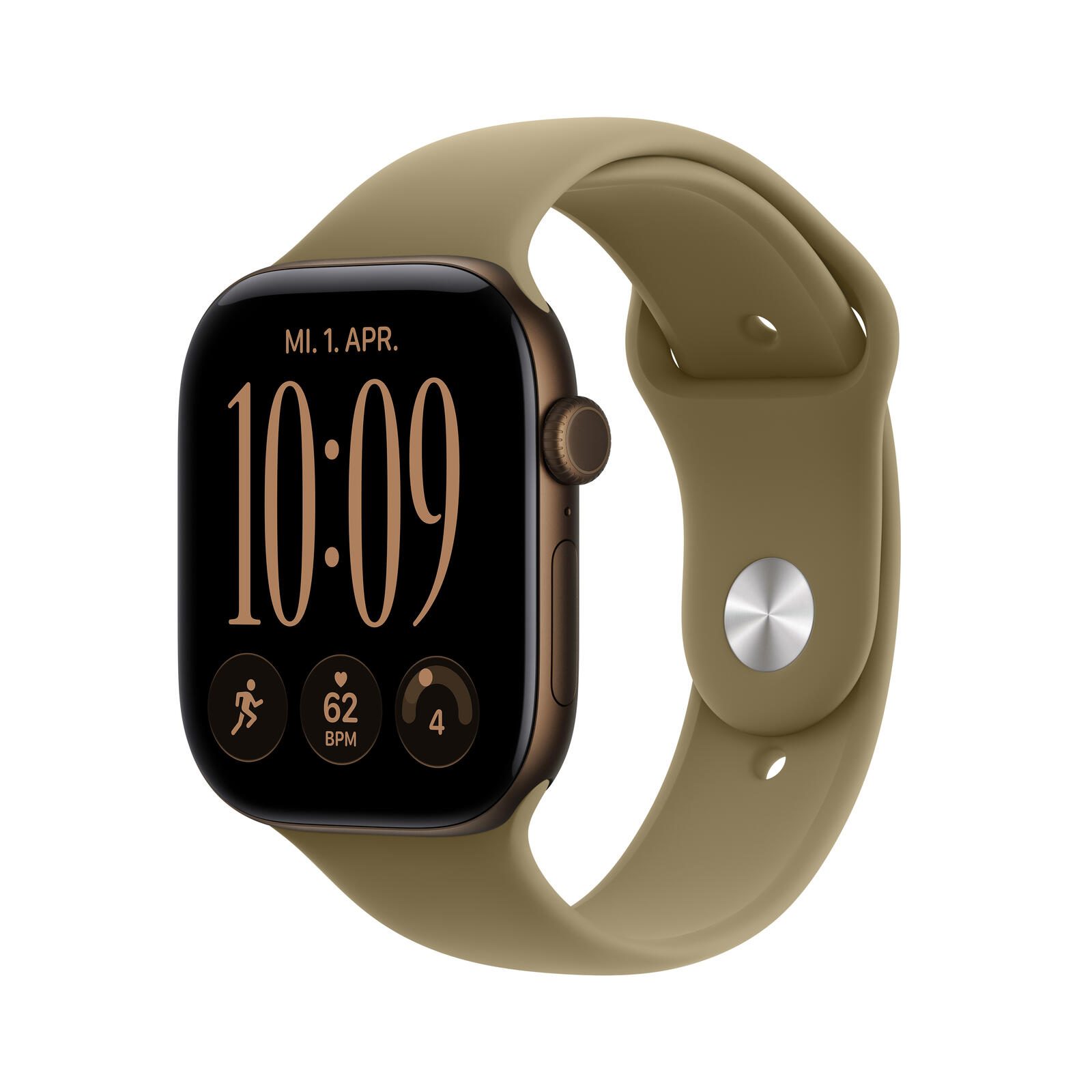 Apple Watch Series 12 Aluminium (GPS) 46 mm Bronze foncé bracelet Sport Olive S/M
