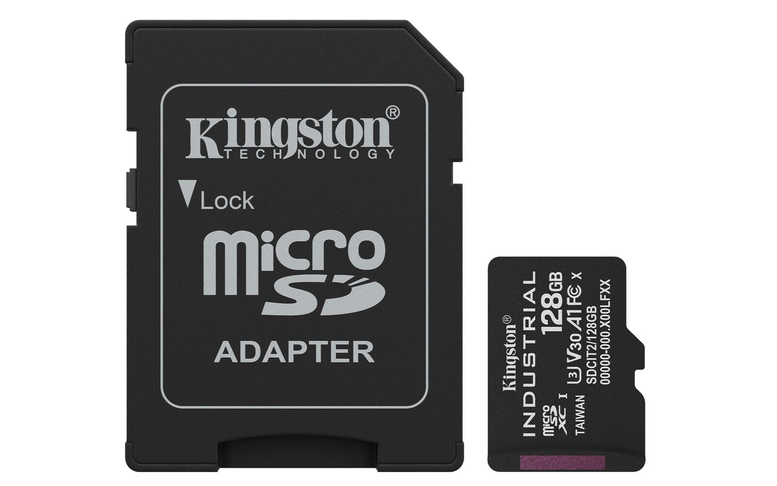 Kingston Technology Industrial microSD Carte mémoire 128 Go incl. adaptateur SD MicroSDXC, UHS-I Classe 3 (U3), Classe 10, A1, Noir