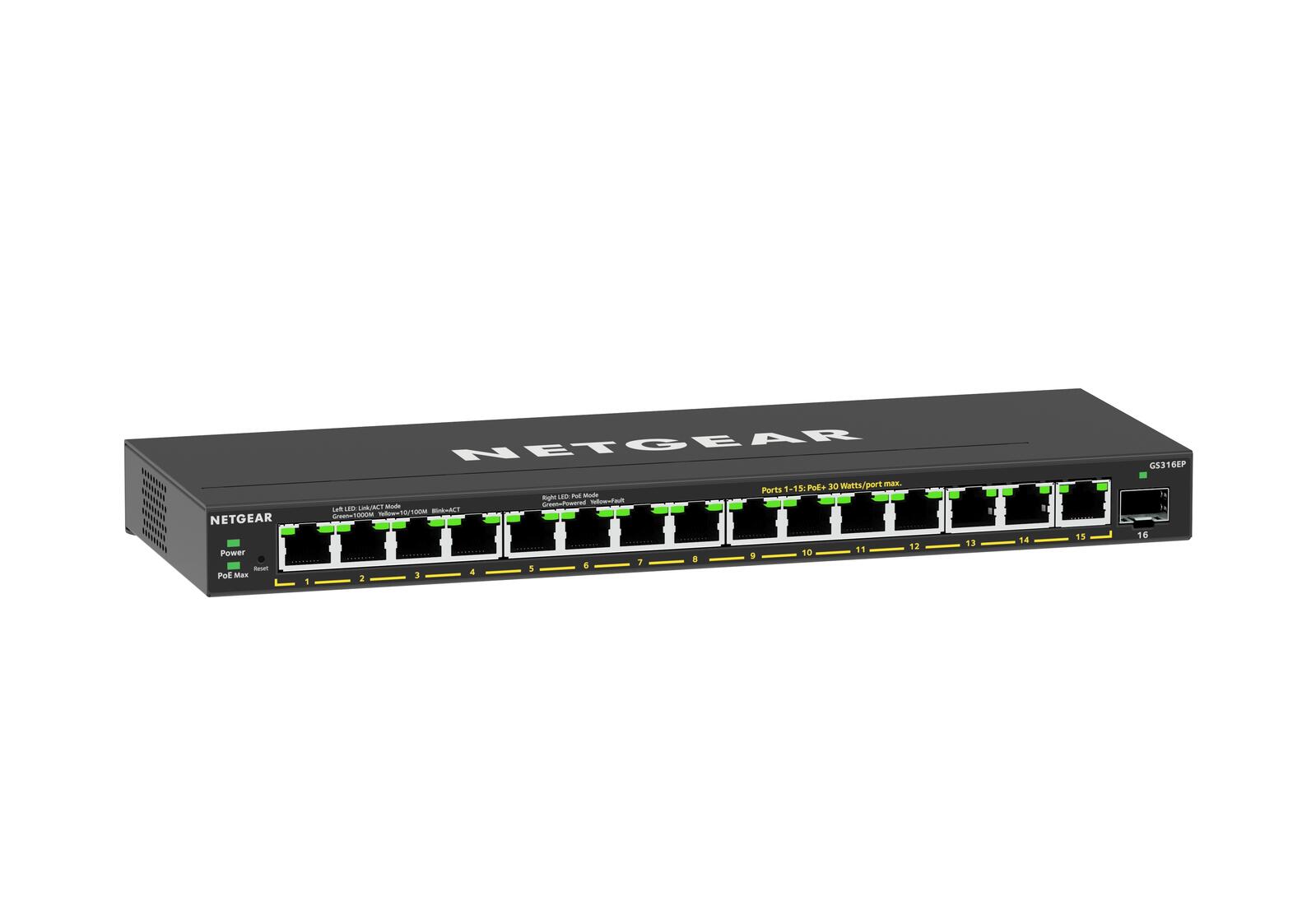 Switch géré Netgear GS316EP-100PES 16 ports Gigabit Ethernet PoE+ Easy Smart (180 W) avec 1 port SFP