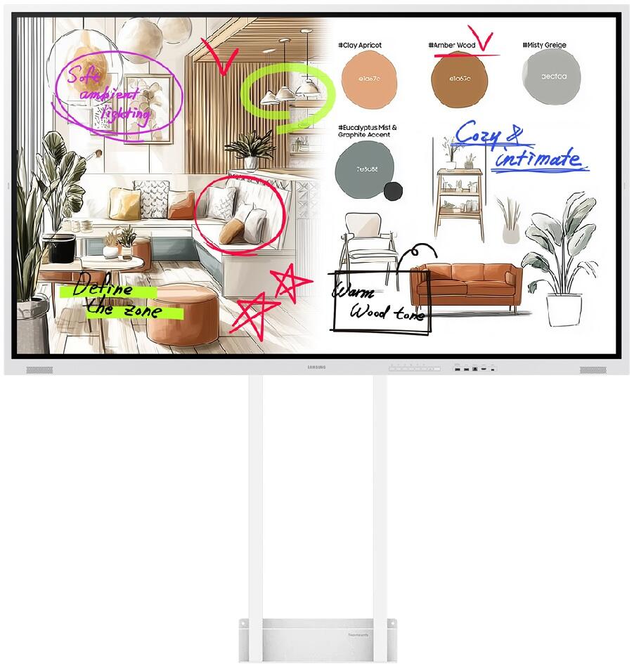 Samsch Flip WM85FX Tableau blanc numérique 214,63 cm 85 pouces inclus Neomounts WL55-875WH1 MOVE Lift Support mural motorisé au sol 4K UHD, IR-Touch, 12/7, HDMI In/Out, USB-A, USB-C, WiFi, Bluetooth, AirPlay, Tizen 9.0